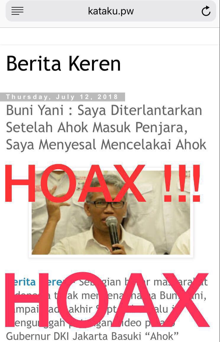 Saya memastikan sebagai kuasa hukum Buni Yani <a href="/BuniYani/">Buni Yani</a> bahwa berita terkait dibawah ini adalah HOAX! dan fitnah biadab, untuk itu meminta kepada <a href="/RESKRIMPOLRI/">RESKRIM POLRI</a> untuk menangkap penyebar berita hoax dari alamat web tersebut. #AntiHoax