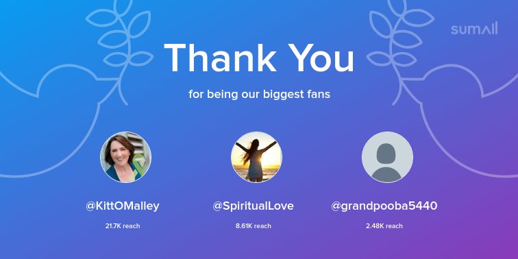 Our biggest fans this week: @KittOMalley, @SpiritualLove, @grandpooba5440. Thank you! via sumall.com/thankyou?utm_s…