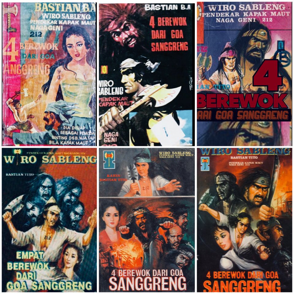 ‘4 BEREWOK DARI GOA SANGGRENG’ adl slh satu karakter &amp; jg episode terpenting dlm #WiroSableng universe karya Bastian Tito. Bukunya sdh berkali” dicetak ulang dgn versi lukisan yg berbeda di covernya. Kl di dunia nyata ada gak ya geng yg member nya kompakan brewokan semua gini?🤣