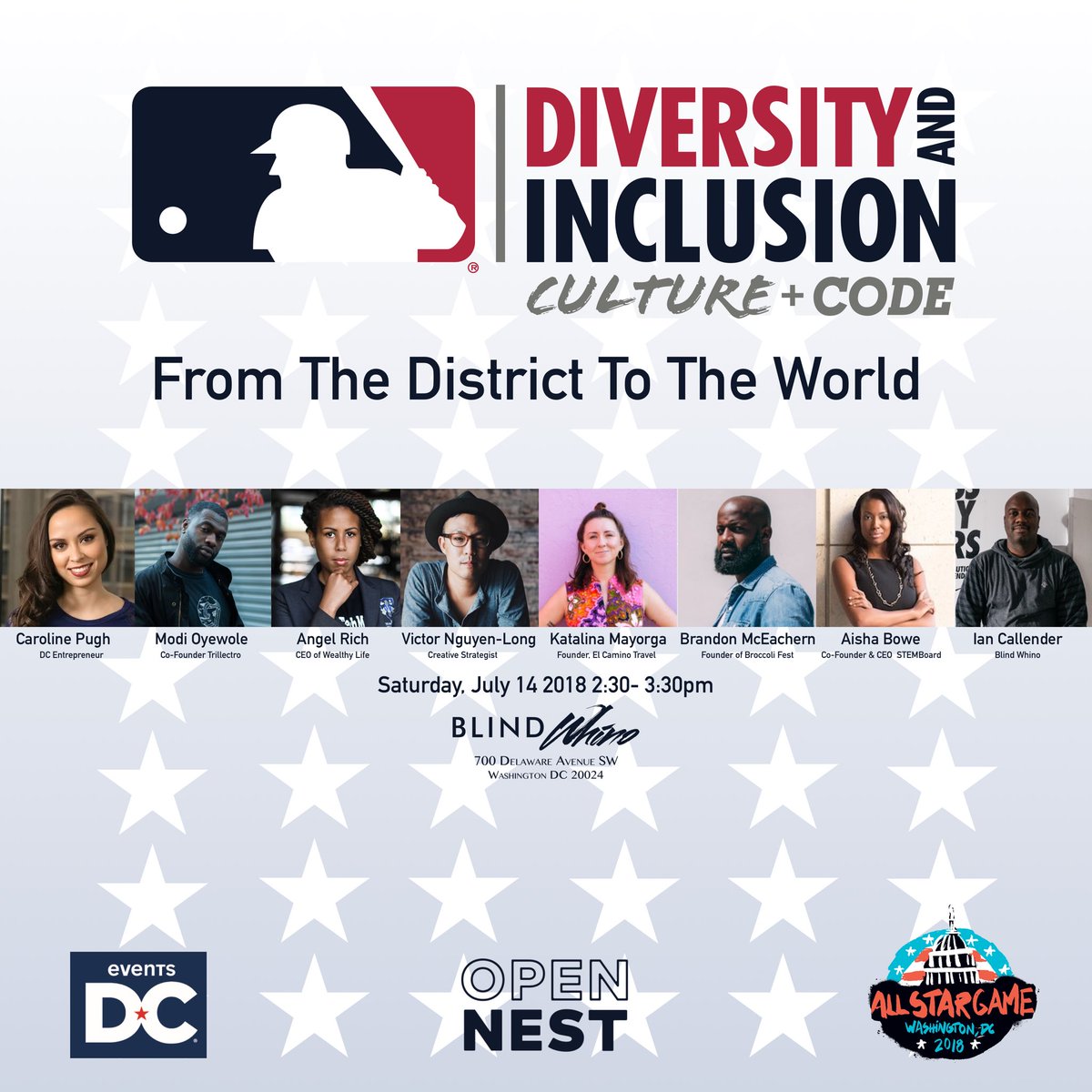 VNL's tweet image. In DC for @MLB All-Star Week?

Join me at @BlindWhino today from 2:30-3:30pm for #CultureAndCode as we discuss how DC’s innovation economy is contributing to the world, diversity, and inclusion.

For a full list of the day’s speakers and to RSVP: mlb.com/diversity-cult…