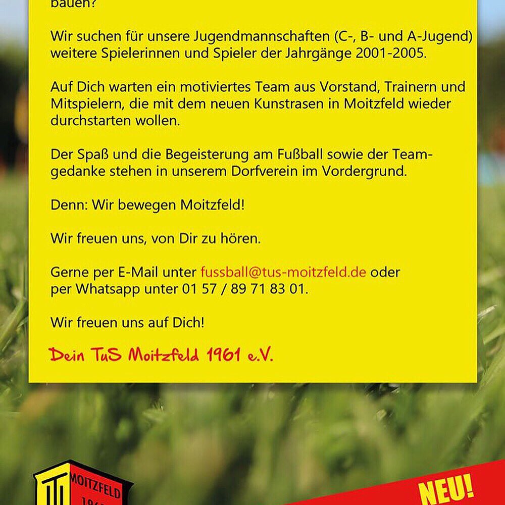 TuS_Moitzfeld's tweet photo. Wir suchen dringend für unsere neue B/C-Jugend noch fußballbegeisterte Kids aus den Jahrgängen 2001-2005. 

#abjetztaufkunstrasen
#wirbewegenmoitzfeld https://t.co/Cw9IqRwSvn