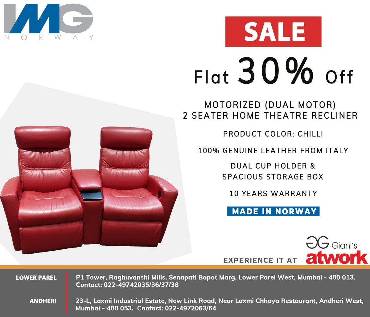 gianisatworkmum's tweet photo. ★★★★★ Flat 30% OFF SALE ★★★★★

Premium Home Theatre Recliners from @IMGcomfort Norway.

☆ 100% Genuine Italian Monte Serrato Leather used. 
☆ Dual Motor operation.
☆ 10 year Warranty 
☆ Made in Norway.

For Details, contact us at 022-49742035/36/37/38.

#IMGcomfort https://t.co/IDs0le5f9Z