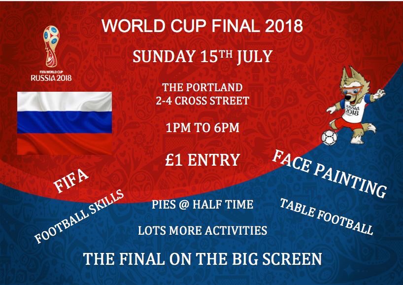 galston_trust's tweet photo. WORLD CUP FINAL | Tomorrow sees the World Cup come to a close with the final so why not come along to The Portland for some fun with FIFA18, face painting, football skills, table football and more. With the Live final on our Big screen from 4pm. FREE pies at half time. https://t.co/CYaQmDaTy3