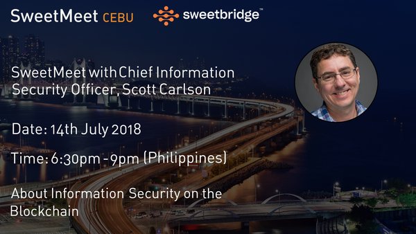 sweetbridgeemea's tweet photo. Today we’re having a #SweetMeet in #Cebu. Our CISO Scott Carlson will be speaking about #Sweetbridge and #Security. If you’re in the area sign up now #Philippines https://t.co/K72WU3JZbF https://t.co/Fz5qp1rxYE