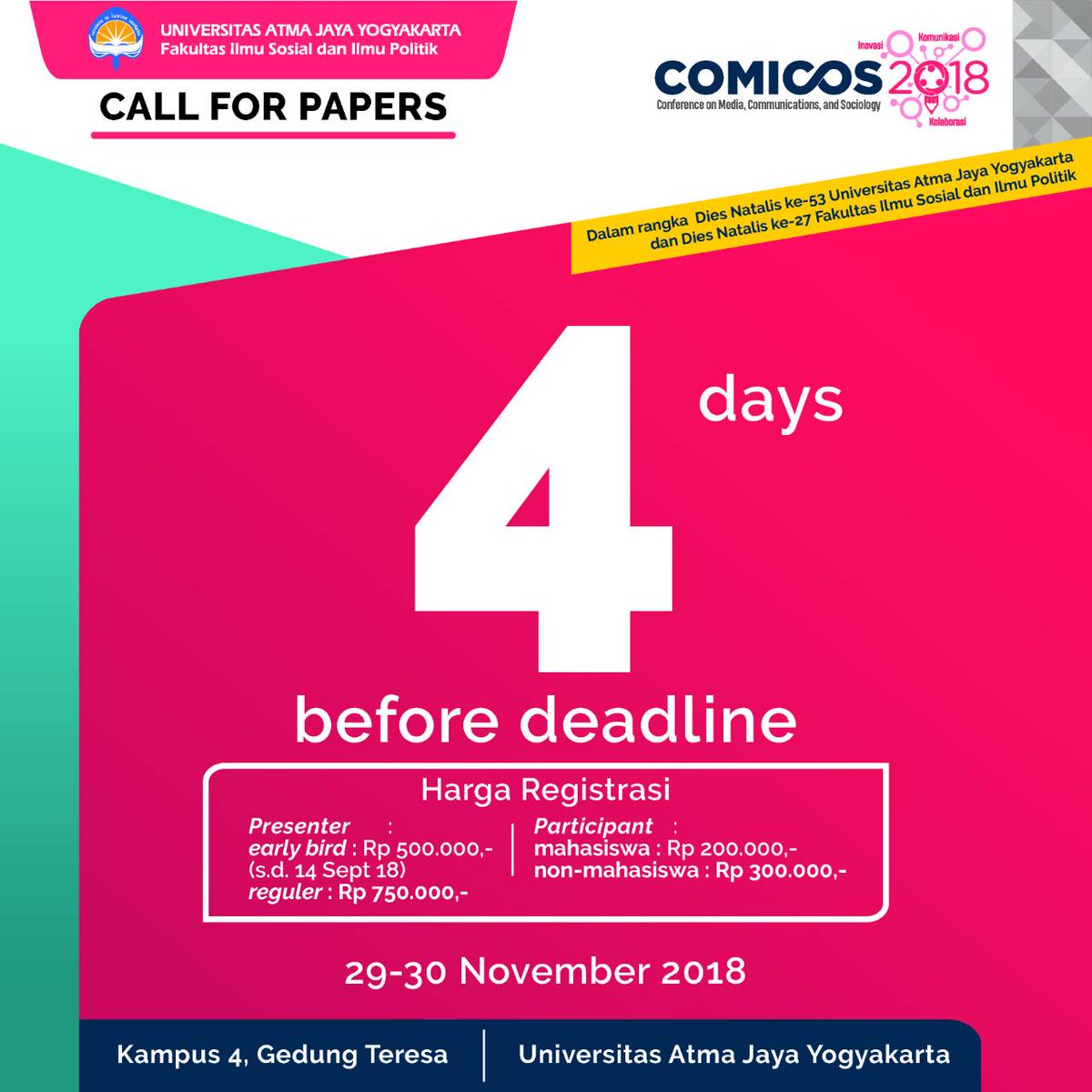 ComicosUAJY's tweet photo. [CALL FOR PAPERS]

Sudah siapkan abstrakmu? Masih ada 4 hari lagi sebelum deadline pengumpulan abstrak
Jangan lupa kumpulkan abstrakmu sebelum tanggal 18 JULI 2018 ya! 😊 #uajy #comicos2018 https://t.co/m4POWEH2kB