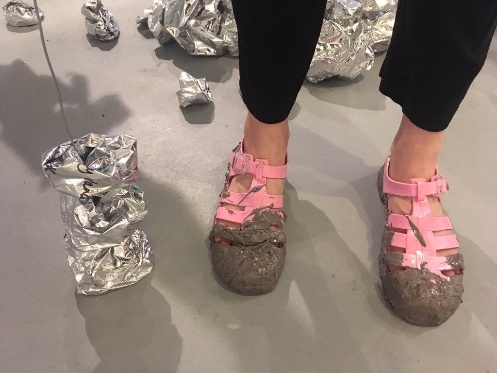 HarrisonHayley's tweet photo. Great PV last night - this is me wearing ‘Grounded’ (Acrylic on jelly shoes) for my ‘Home is now’ performance. ‘Objection’ continues until the 5th August @AngusHughesGY with @MadiAcharyaBask #anneparfitt &amp; @conniespark #performanceart #performanceprops #installation https://t.co/GkHxiqZrcK