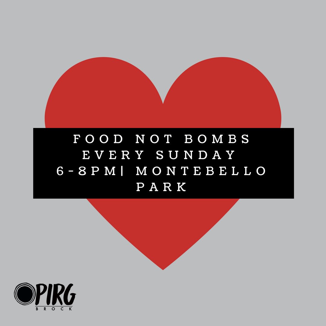 Kevvinhn's tweet photo. Food Not Bombs, one of OPIRG Brock’s action groups, will be having their (free!) food serving at Montebello Park downtown between 6-8PM tomorrow! Food Not Bombs is a world-wide grassroots organization dedicated to raising awareness. Email: foodnotbombst.catharines@gmail.com https://t.co/jo0x9g8g3i