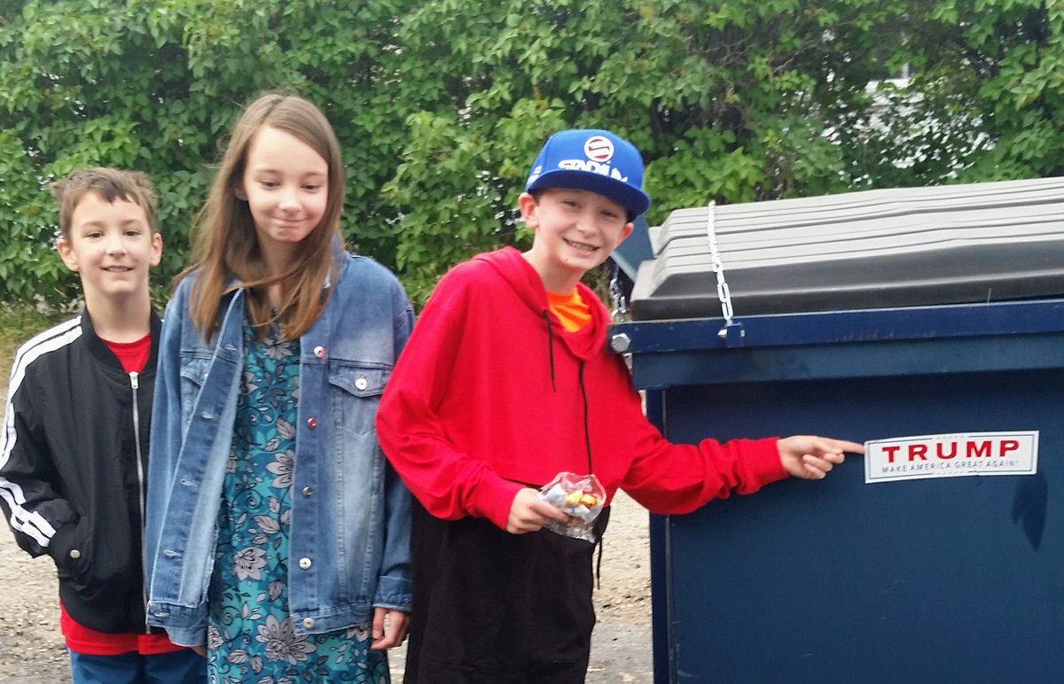 Itsyboom's tweet image. Trump sticker on a convenience store garbage dumpster in Great Falls. Are they proud of Trump or do they think he's trash? #mixedmessage