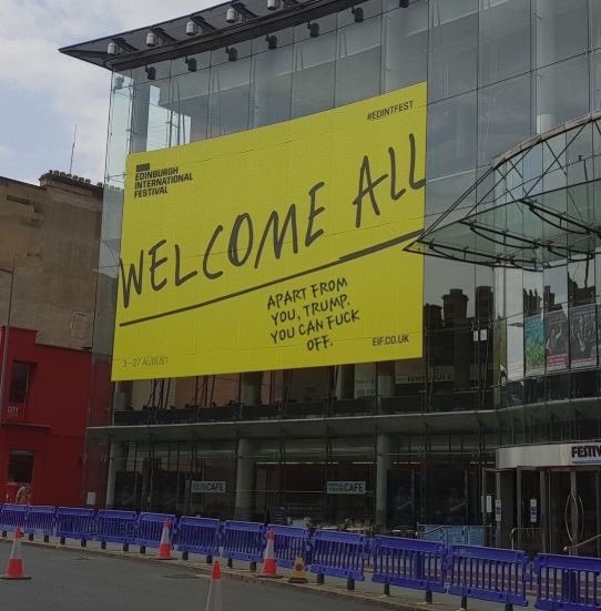 1johnmacdonald's tweet image. Edinburgh International Festival with a message for Trump. 
#ScotlandagainstTrump