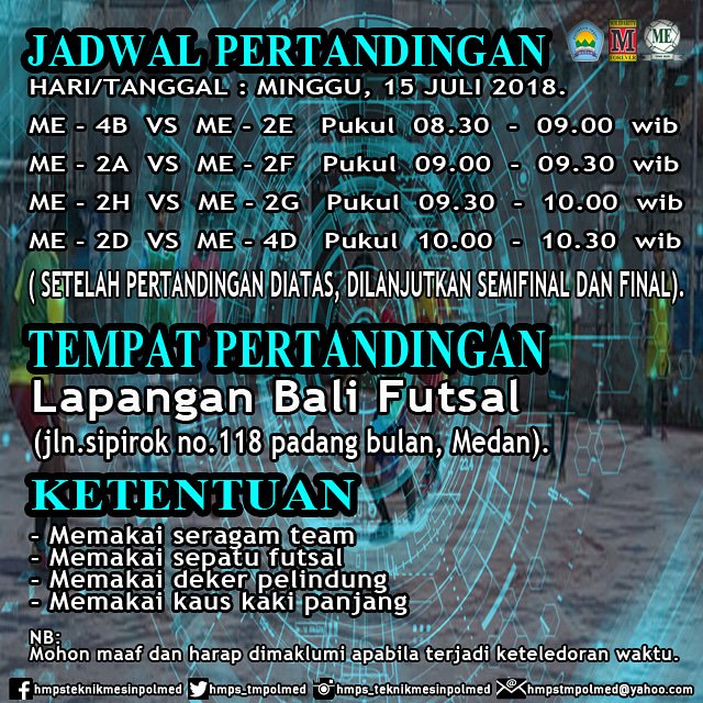 hmps_tmpolmed's tweet photo. [LIGA MESIN 2018]
Bagan, jadwal, waktu, tempat, dan ketentuan pertandingan babak 8 besar LIGA MESIN 2018..
.
.
.
Nb : 
Tiap team yang akan bertanding diharapkan sudah berada ditempat 5 menit sebelum bertanding.

#ligamesin2018
#hmpsteknikmesinpolmed https://t.co/aVZ9ROId4R