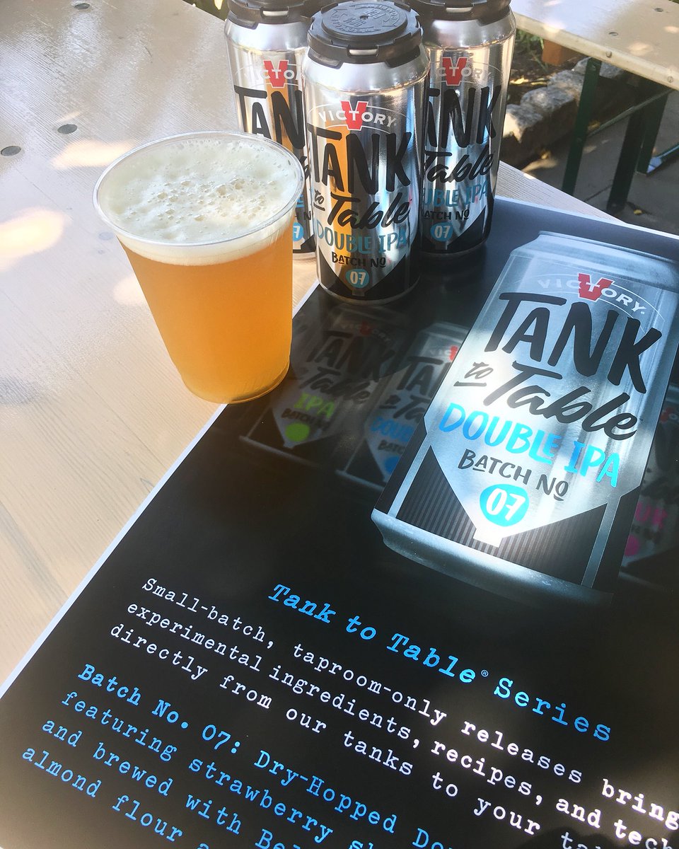 VictoryBeer's tweet photo. Tank to Table Batch No. 07 release happening NOW. This small-batch dry-hopped DIPA releases at @victorytaprooms AND our pop-up Beer Garden on Spring Garden. Strawberry shortcake hop notes, Belma hops, vanilla &amp; almond. Come get it, people! #TankToTable #CraftCans #LimitedRelease https://t.co/KGA88uhOiT