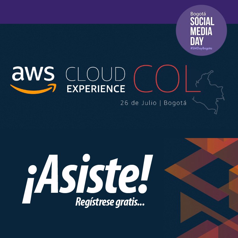 smdayBogota's tweet photo. Asiste a AWS Cloud Experience Colombia, evento que reúne a la comunidad de informática en la nube y conéctate con los socios de AWS en nuestra Zona Expo, para que aprendas aún más mediante sesiones técnicas y demostraciones en vivo.
 #smdaybogota #bogotacelebrasmday  #smday https://t.co/R0VBSAPui1