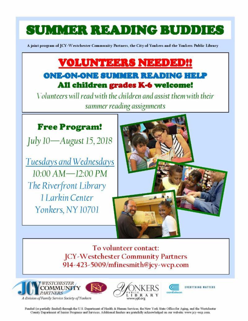 YonkersCPTA's tweet image. Summer Reading Buddies Free Program.
All kids grades k-6 welcome.
Volunteers needed.
#Yonkers #YonkersSummer #YonkersPublicLibrary
#YonkersKidsMatter