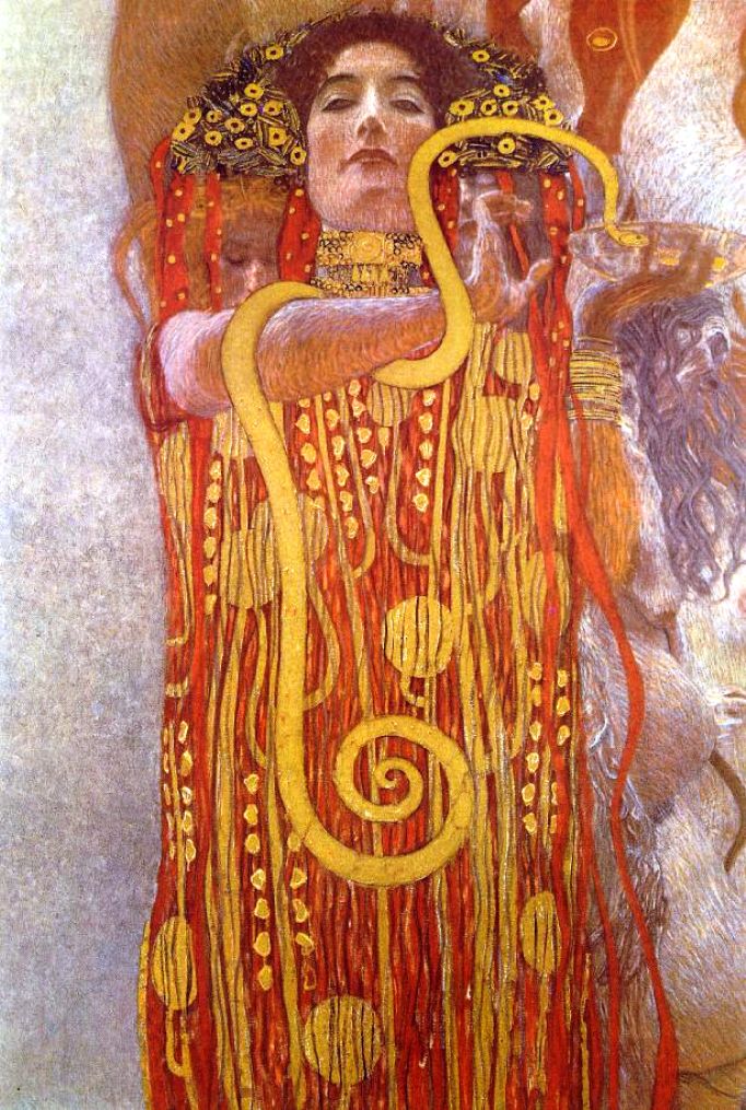 Hygieia. 
Detail from Medicine
1900. 
One of tree University of Vienna 
Ceiling Paintings
by Gustav Klimt 
born on this day 
14 VII 1862—6 II 1918 
-
All University paintings has been destroyed 
 in a fire set by retreating German forces 
in 1945 at Schloss Immendorf 
Austria.