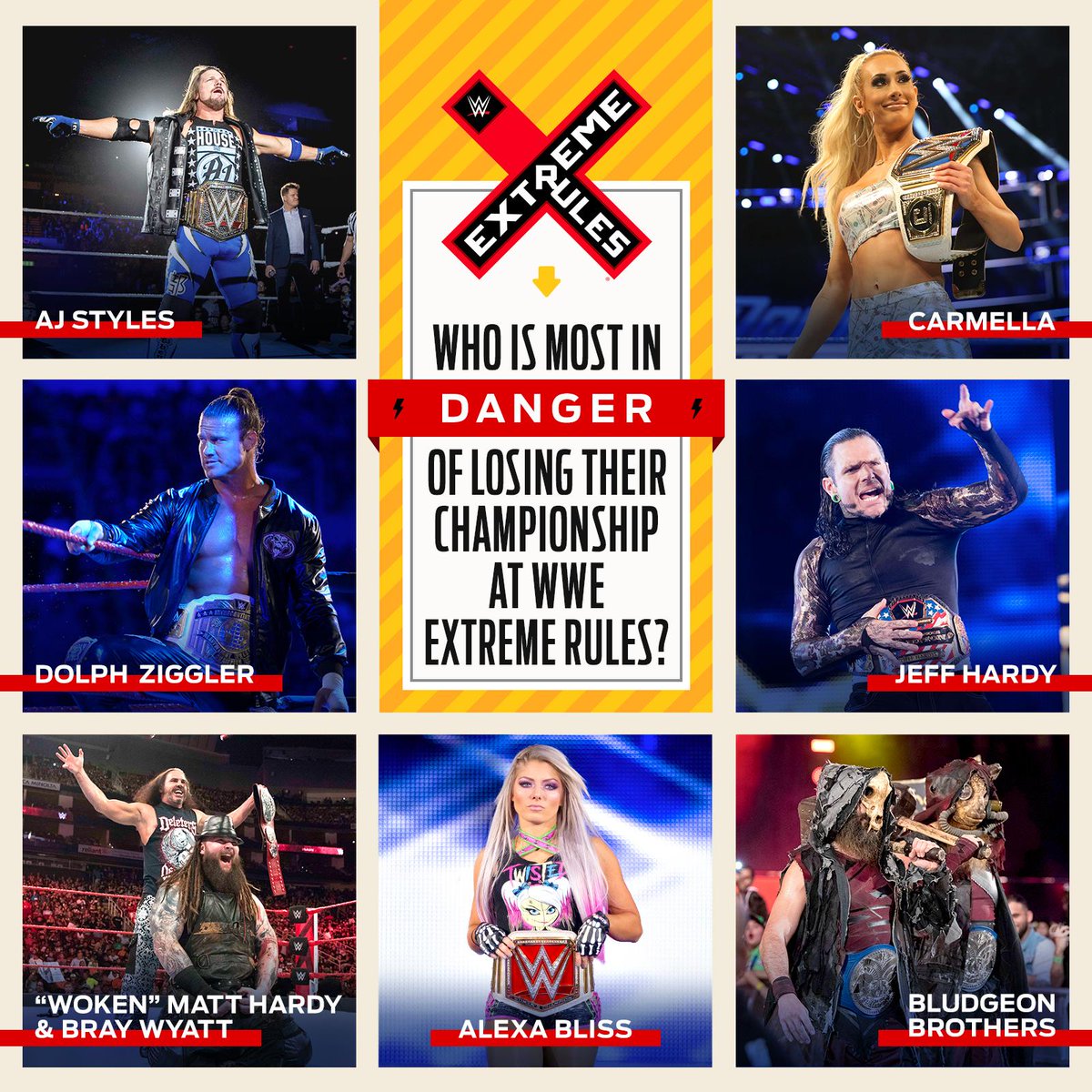 WWE's tweet photo. Which champion do YOU think is NOT walking out of #ExtremeRules with gold around their waist? https://t.co/9xvYrnHXxm