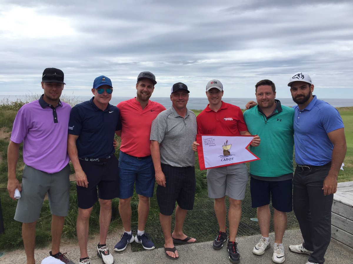 CabotCapeBreton's tweet photo. Huge congrats to @SeanCoach today on his Hole in One on the 17th at Cabot Links! Witnessed by @cal_dehaan and cheered on by @DarrenDreger - it doesn't get much better! ⛳️ #HoleInOneHallofFame https://t.co/HWvvZ8JZJw