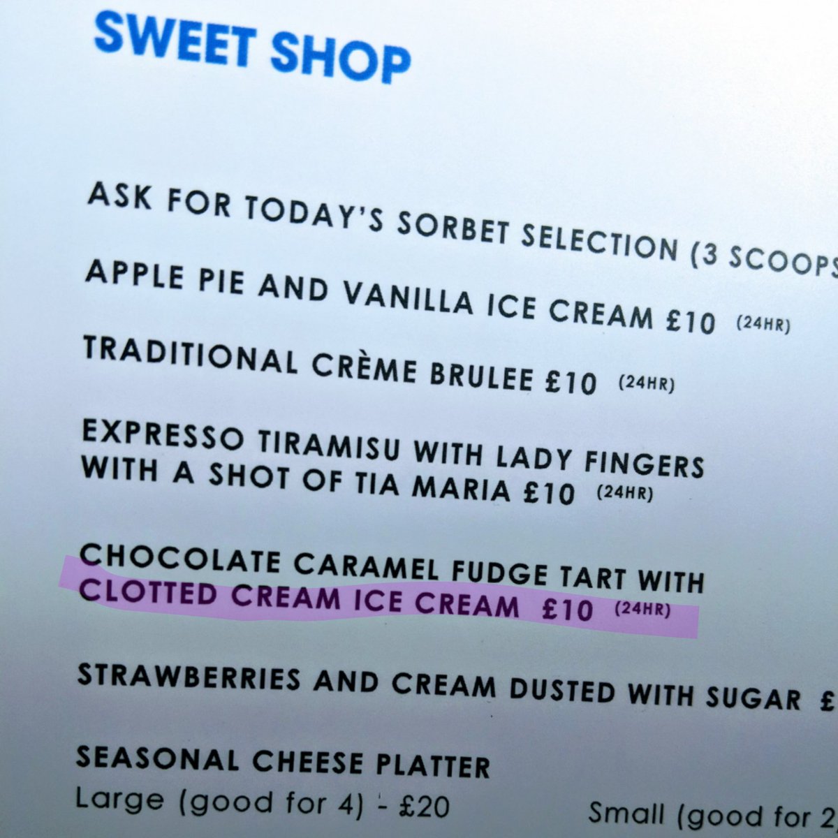 highlighted item in room service "clotted cream ice cream, available 24hr"