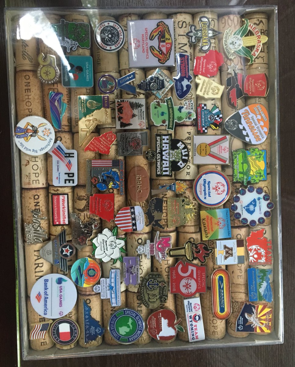 trinityhogben's tweet photo. Crafty side kicked in: Made a shadow box with corks to show off all the super cool pins I got from trading at the @2018USAGames in Seattle. Had an amazing time getting to meet so many unique individuals 💜 #RiseWithUs #YLE2018 #BeFearlessBeKind #2018USAGames https://t.co/MVQzPcJwKR