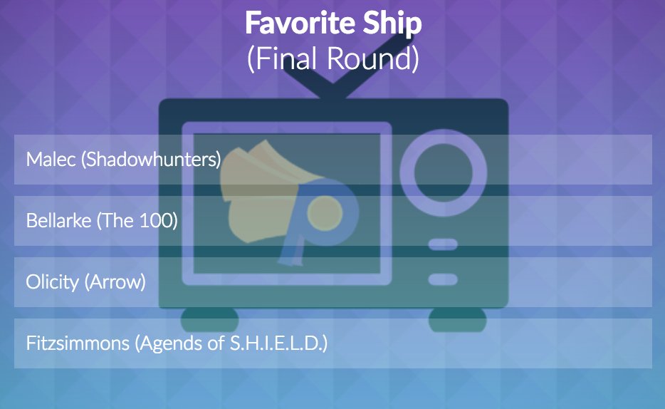 Pure_Fandom's tweet photo. Happy #ShipItSaturday! Which ship did you vote for in the final round of the #PureFandomAwards? Voting ends Monday.
Vote here: https://t.co/U35yXepeIa
#Olicity #Bellarke #Malec #Fitzsimmons https://t.co/swEl4NEPib