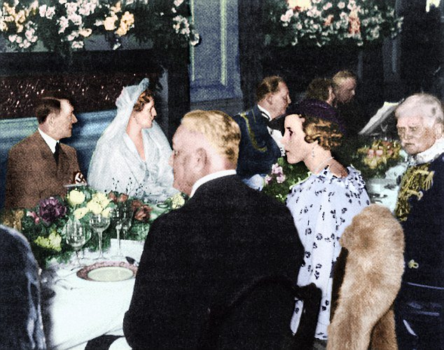 1935-04-10 The Queen's sister-in-law pictured with Hitler at Hermann Göring's wedding.