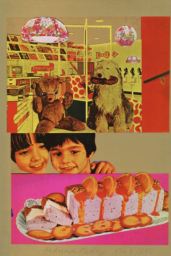 New in: Eduardo Paolozzi, 1970. Signed and numbered photolitho from the edition of 350, for the 'General Dynamic F.U.N' suite. Paolozzi greatly influenced the development of Pop Art which can be seen here in his use of fun collaged imagery and vibrant, summery colours!