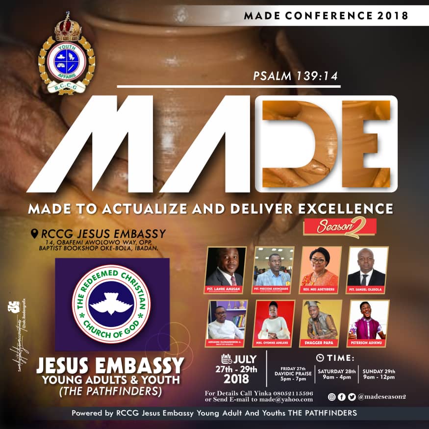 jembassyR42hq's tweet photo. Get ready for #MadeSeason2 #MadeConference2018 #JesusEmbassyIb 
Follow @madeseason2 for more information https://t.co/aVVQViEHtq