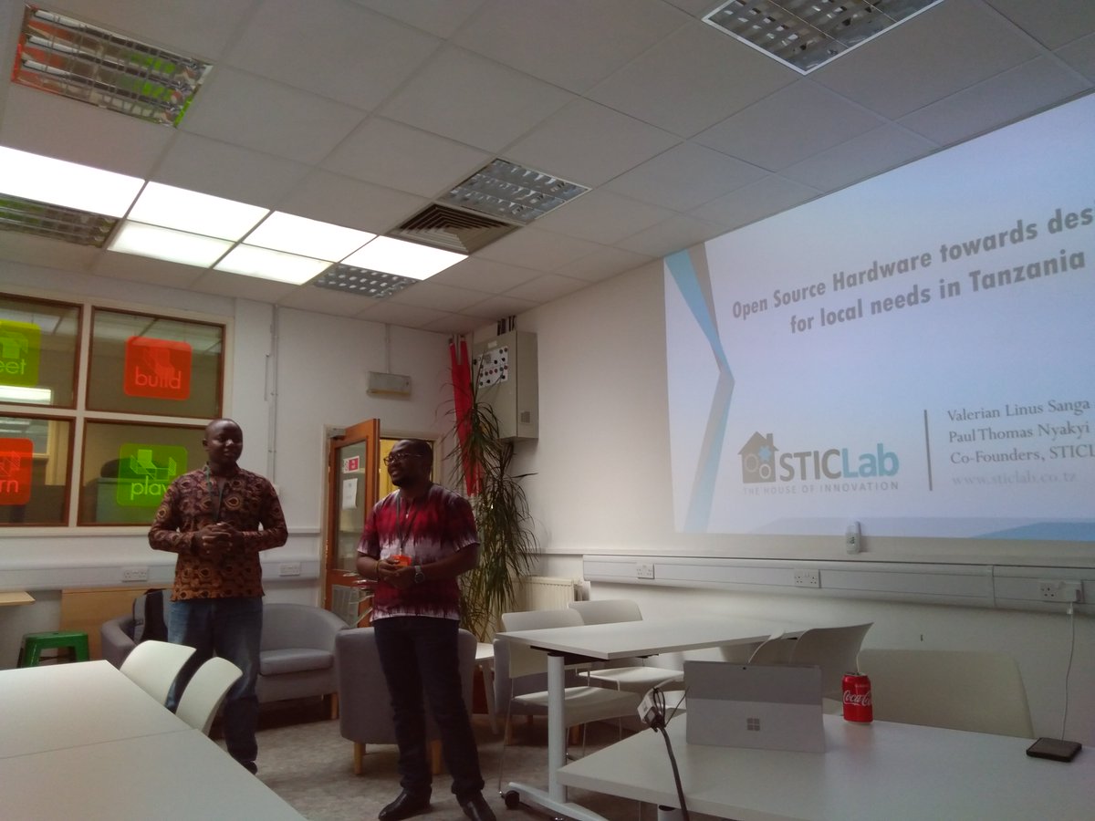 jenny_molloy's tweet photo. Kicking off with a talk from Valerian Sangs and Paul Nyaki @TheSTICLab here @cammakespace. Hearing about the history of their maker space in Dar es Salaam - great collaboration between lecturer &amp; students and how to start from nothing. https://t.co/GKrMHvmijc