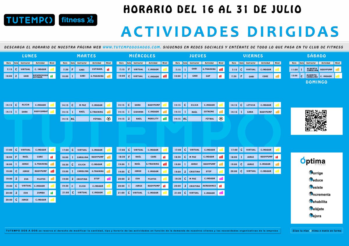 Estimados socios, ya tenéis DISPONIBLE en web el HORARIO de ACTIVIDADES DIRIGIDAS de la 2ª quincena de julio. DESCARGA 👉 goo.gl/BMeMH1 #FelizSábado #FelizFinde y el lunes más 💪❤en <a href="/TUTEMPODOSADOS/">TUTEMPO Dos a Dos</a>