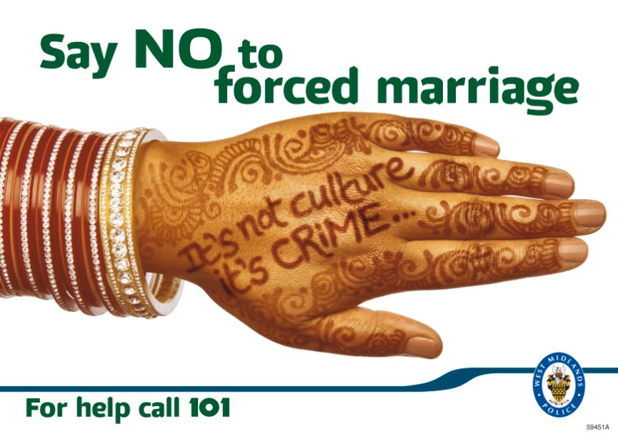 WMPolice's tweet image. If you are worried for yourself, a friend or family member please seek help. You can contact police on 101 (999 in an emergency) or visit our website for a list of charities who can offer you confidential advice and support #WeRemember #StopForcedMarriage