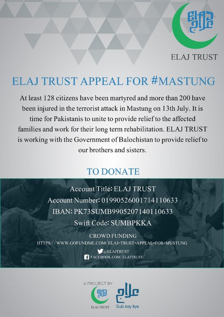 elajtrust's tweet photo. Team Elaj has done an initial needs assessment and according to that there are 110 injured at Civil hospital quetta . We are arranging 3 time meals for 250 attendants for the next 7 days . Total Cost of which is Rs.595,https://t.co/Rfk1v5yHDk us support our brothers and sisters https://t.co/8o5ZraXxC9
