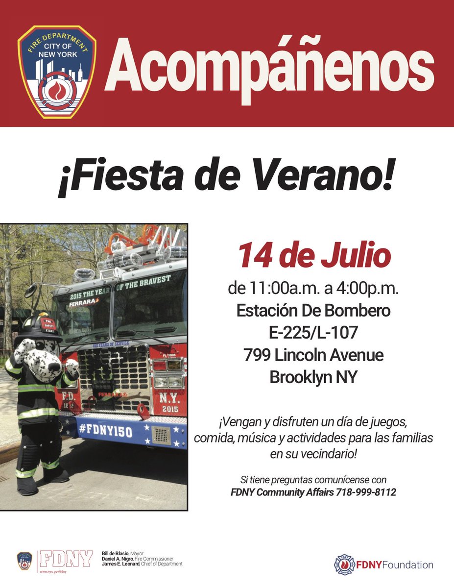 nycgob's tweet photo. HOY! Ya empezó la Fiesta de verano del @FDNY en la estación de #Engine225 y #Ladder107. Acompáñanos en el 799 de Lincoln Ave #enBrooklyn hasta las 4 PM. https://t.co/g83EpRLMqx https://t.co/T89zoYcPty