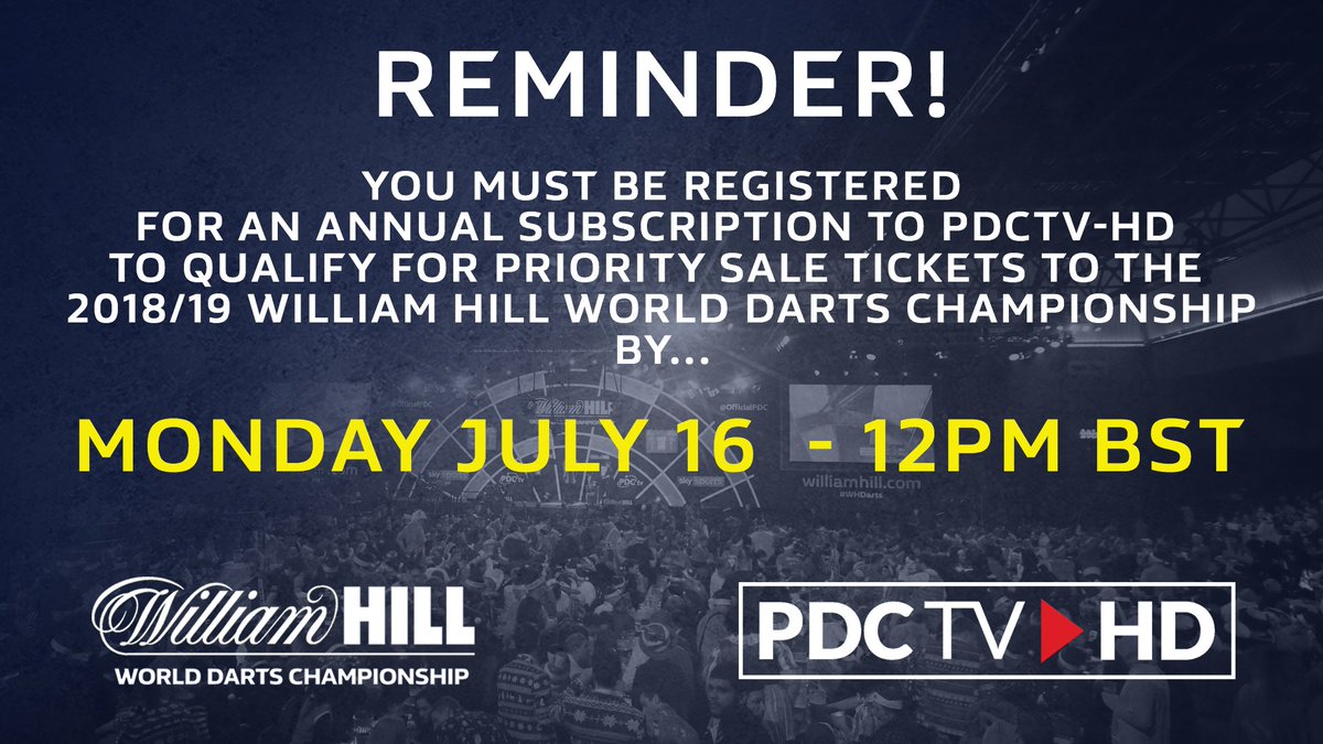 REMINDER!

The deadline to sign up for an Annual Subscription to PDCTV-HD to qualify for Priority Sale tickets is fast approaching...

Full details ➡️ pdc.tv/news/2018/07/1…