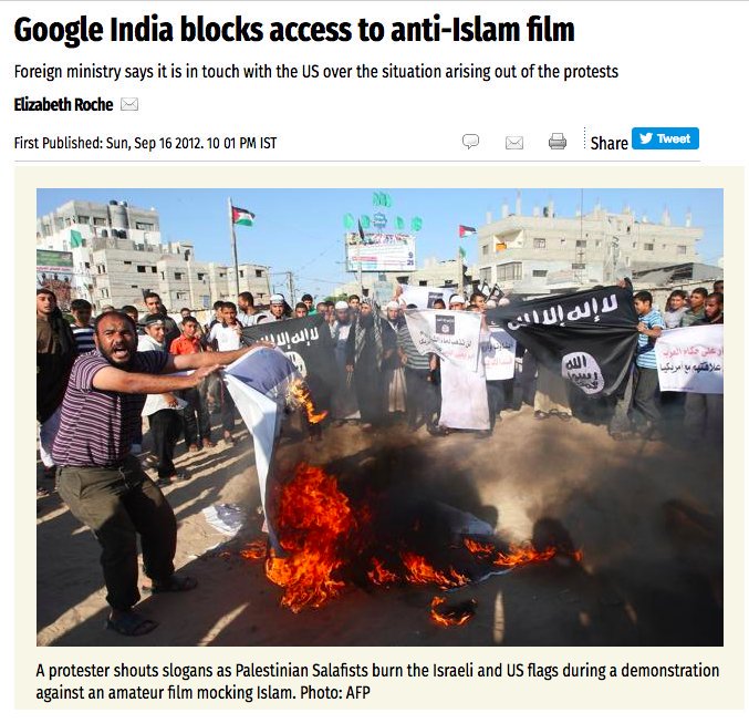 2. In 2012, upon UPA govt's request, Google blocked access to an "anti-Islam" film.  http://www.livemint.com/Politics/9XNqU7wFjBQCJXEsye0VpI/Google-India-blocks-access-to-antiIslam-film.html
