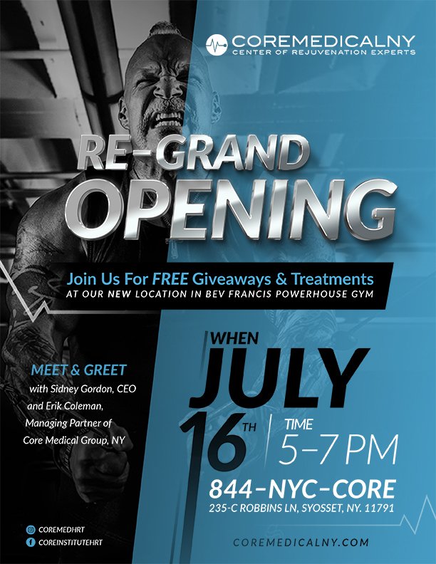 Coremedicalgrp's tweet photo. Excited for our Re-Grand Opening of our clinic located in the famous Bev Francis Powerhouse Gym. Come by Monday, July 16th at 5-7pm to show your support! Located at 235-C Robbins LN Syosset, NY, 11791 and if anyone has question please feel free to give us a call at (844-NYC-C ... https://t.co/dSXoHrfWN8