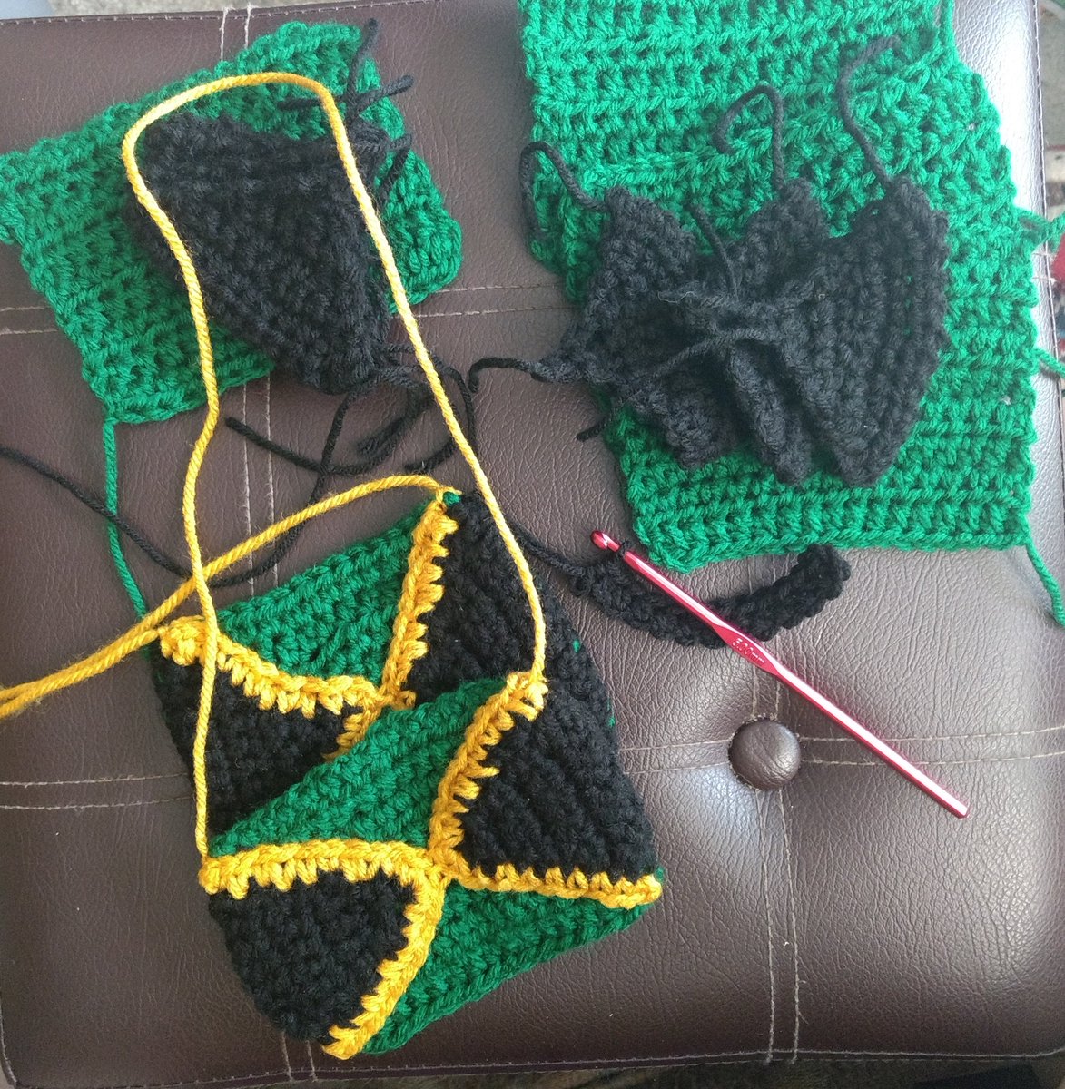 My afternoon project. 2 done 4 to go. #crochet #handmade #Jamaica #jamaicanflag