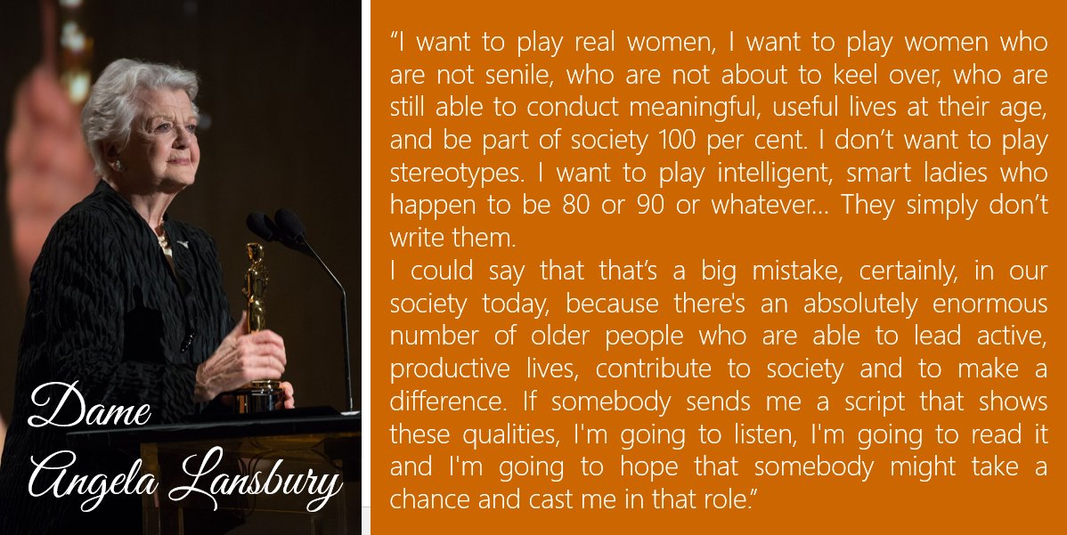 _AngelaLansbury's tweet photo. Dame Angela Lansbury on roles that don't exist: 

"I want to play real women. I don’t want to play stereotypes. I want to play intelligent, smart ladies who happen to be 80 or 90 or whatever. They simply don’t write them. I could say that that’s a big mistake in our society." https://t.co/cq3m9wAfnl