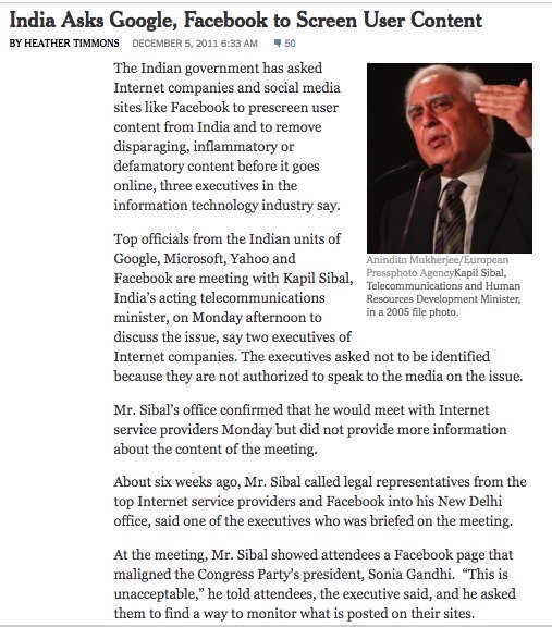 7.  @INCIndia DEMANDED content screening from Google, Facebook after a post on Sonia Gandhi offended it.  @RahulGandhi stayed SILENT. (via  @AartiTikoo)  https://india.blogs.nytimes.com/2011/12/05/india-asks-google-facebook-others-to-screen-user-content/