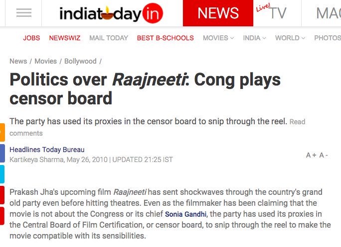 10.  @INCIndia DEMANDED cuts in the film Raajneeti.  @RahulGandhi stayed SILENT. (via  @dibyabttb)  http://indiatoday.intoday.in/story/Politics+over+Raajneeti:+Cong+plays+censor+board/1/98911.html