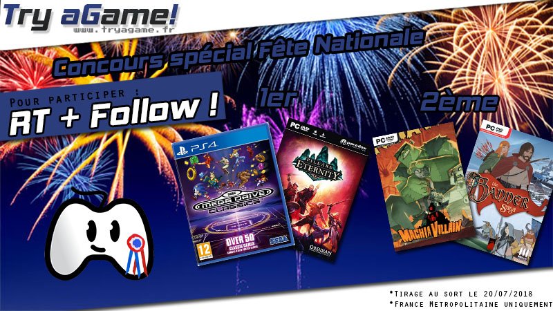 TryAGame's tweet photo. 🎁 [#Concours] 🎉

Pour célébrer le 14-Juillet 🇫🇷, on met en jeu deux nouveaux lots avec deux gagnants qui seront désignés. 

Pour tenter votre chance, rien de plus simple :

➡️ RT ce tweet + follow @tryagame

➡️ TAS : 20 juillet 2018 

Bonne chance 🍀 https://t.co/YrzhaO9Qyn