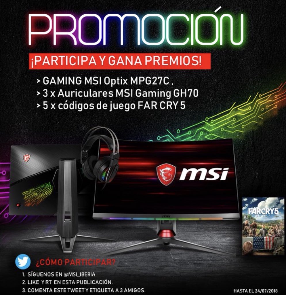 MSI_ES's tweet photo. 💥 ¡Todos atentos a este pedazo de SORTEO! 💥
Sorteamos un Optix MPG27, 3 Auriculares GH70 y 5 códigos de Far Cry 5.
👉 Aquí os dejamos un vídeo con todos los detalles del sorteo y el funcionamiento del Optix MPG con el Aegis 3: https://t.co/qvTqC4FvCT
¡Termina el día 24/07! https://t.co/uH4wInbNO7