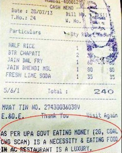 13.  @INCIndia workers FORCED a restaurant to SHUT DOWN, filed an FIR, over a bill mocking the UPA.  @RahulGandhi stayed SILENT. (via @DillliWaala)  http://www.thehindubusinessline.com/news/congress-workers-shut-down-aditi-restaurant-over-bill-criticising-