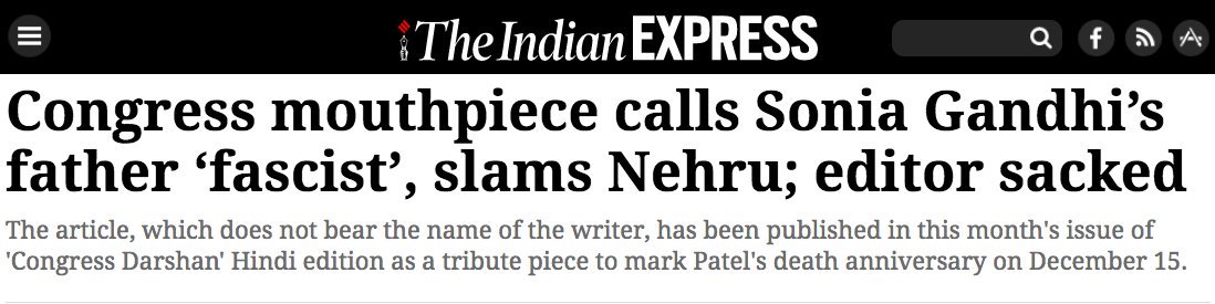 14.  @INCIndia SACKED the Editor of its mouthpiece for publishing columns that passingly, and without malice, wrote the truth.  @RahulGandhi stayed SILENT.  http://indianexpress.com/article/india/politics/mumbai-congress-journal-blames-jawaharlal-nehru-for-state-of-affairs-in-kashmir/