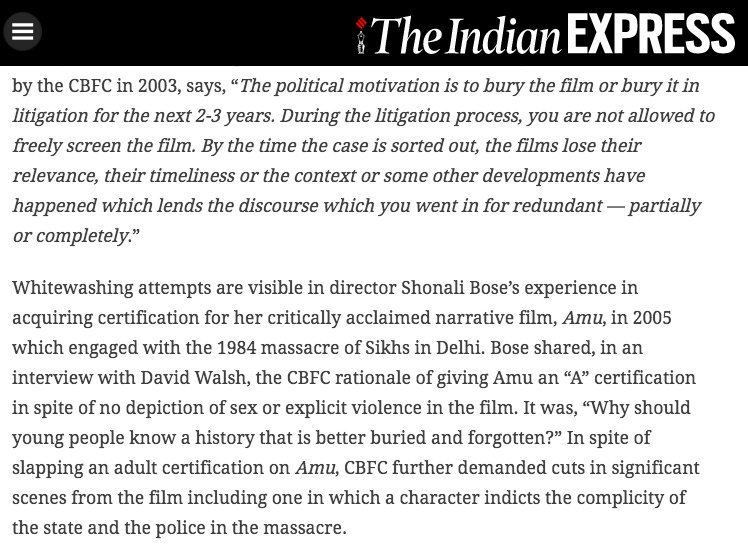 16. CBFC under  @INCIndia virtually banned, HARASSED makers of the '1984 riots' film Amu; film couldn't be screened.  @RahulGandhi stayed SILENT.  http://www.thehindu.com/opinion/op-ed/clamping-down-on-creativity/article17739798.ece