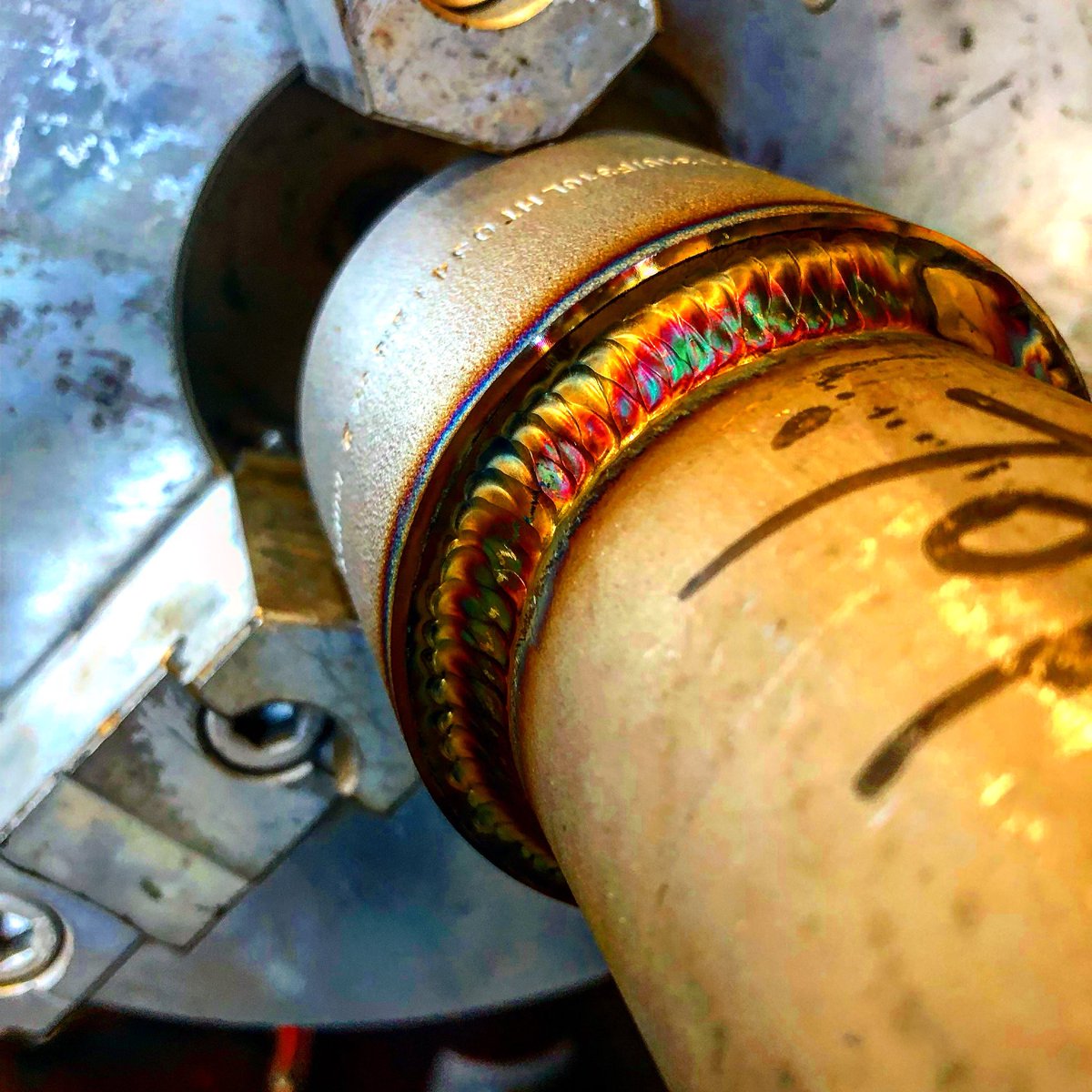 elitewyo's tweet photo. Making rainbows in the shop today! Stainless steel, chemical transfer line. Happy Saturday everyone! #stainlesssteel #elite #fabrication #millerwelder #Dynasty #lovewhatwedo https://t.co/gGM9xvafm0