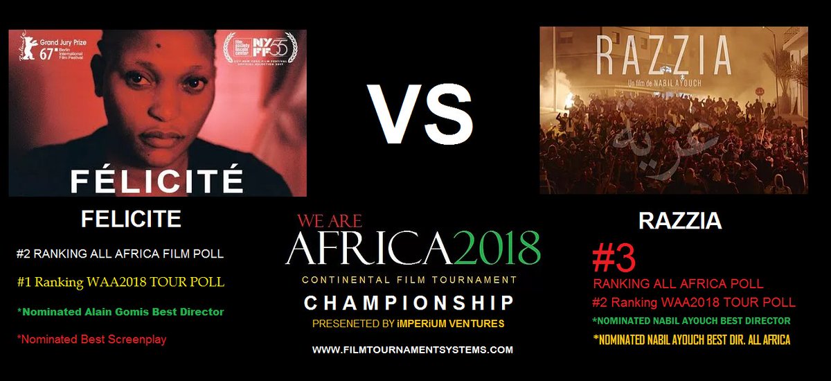 FTS_Innovations's tweet photo. WE ARE AFRICA CONTINENTAL FILM TOURNAMENT 2018 - This years WAA 2018 will host two cinematic blockbusters Senegalese Film FELICITE vs Morocco's top film RAZZIA.
#Felicite #Razzia #supportindiefilm #filmplayoff https://t.co/nFWNX5wjlI