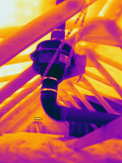 Interesting thermal image I took recently (Yes, we do thermal imaging to check for leaks)  This is a radon mitigation system pipe and fan in a hot attic space.  Note the differences in the cool/dark and the hot/bright colors.