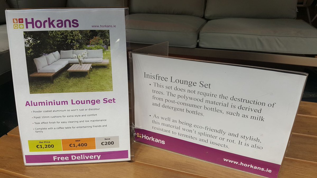 Have you seen the new range of furniture in #Horkans Garden Centres?  Here's a few interesting points about some of the ranges available.  
Eco-friendly, rot resistant and stylish! 
Call in this weekend and check out how comfy they are!