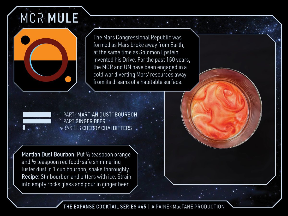 Expanse Cocktail #45: MCR Mule. The MCR formed 150 years ago as Solomon Epstein invented his Drive. The MCR/UN cold war has diverted Mars' resources away from terraforming. Bourbon: Add ½ tsp each orange & red food-safe shimmering luster dust to 1 cup bourbon, shake well. 1 pt bourbon, 1 pt ginger beer, 4 dashes cherry chai bitters. Stir bourbon & bitters w/ice to chill, strain into empty tumbler, top w/ginger beer.