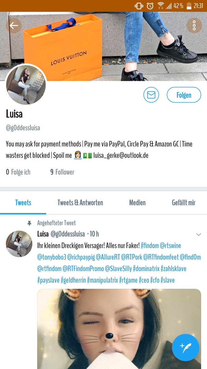 LadyLuisaG's tweet photo. Report @g0ddessluisa !!! It’s NOT me #findom @rtswine @tonybobo3 @RTP1G @richpaypig @AllureRT @RTPork @RTfindomfeet @find0m @rtfindom @RTFindomPromo @SlaveSilly #dominatrix #zahlsklave #payslave #geldherrin #manipulatrix #rtgame #ceo #cfo #slave https://t.co/GCDo6xxPEv