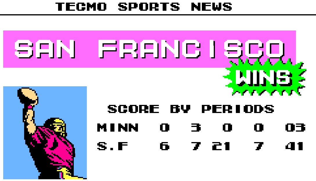 SFCTFL's tweet image. Week 4: @Smitty818 's SF team takes down the stepdaughter and Minnesota. 

#TecmoBowl